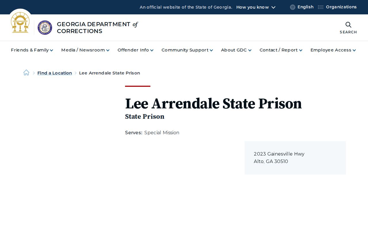 Lee Arrendale State Prison offender release facility profile in Habersham County